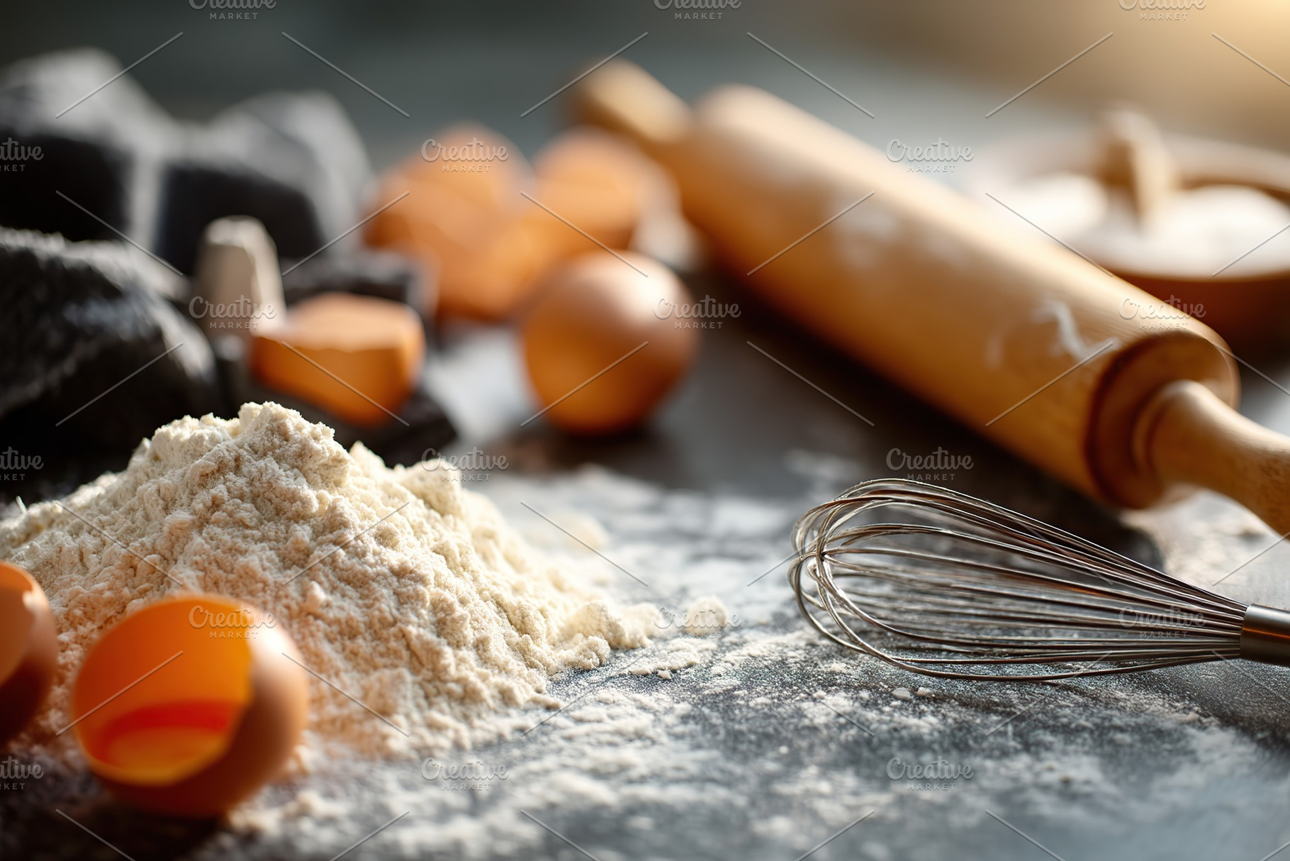 Flour, eggs, and rolling pin prepare for baking on a kitchen counter, a Food & Drink Photo by AlyaAnd