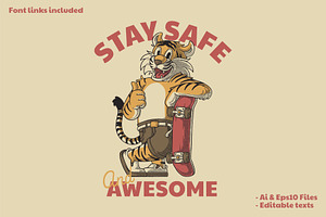 Retro Cartoon Tiger With Skateboard