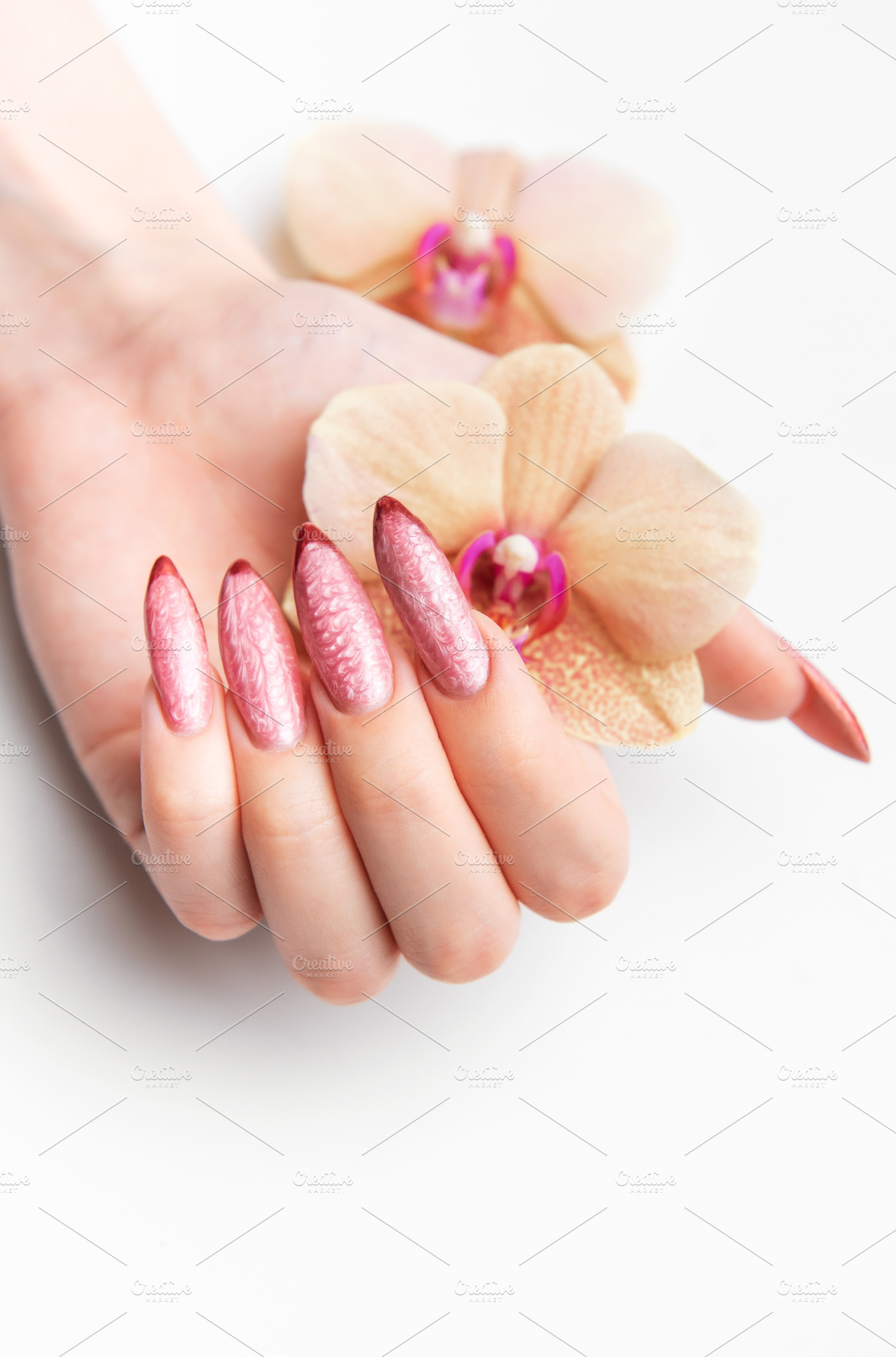 Woman's hand holding orchid showcasing beautiful manicure, a Beauty & Fashion Photo by Olena Rudo