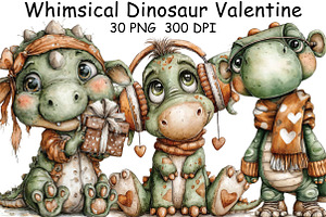 Whimsical Dinosaur Valentine Clipart, an Illustration by CraftArtStudio