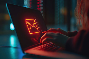 Using a laptop with a glowing email, a Photo by Tanuart