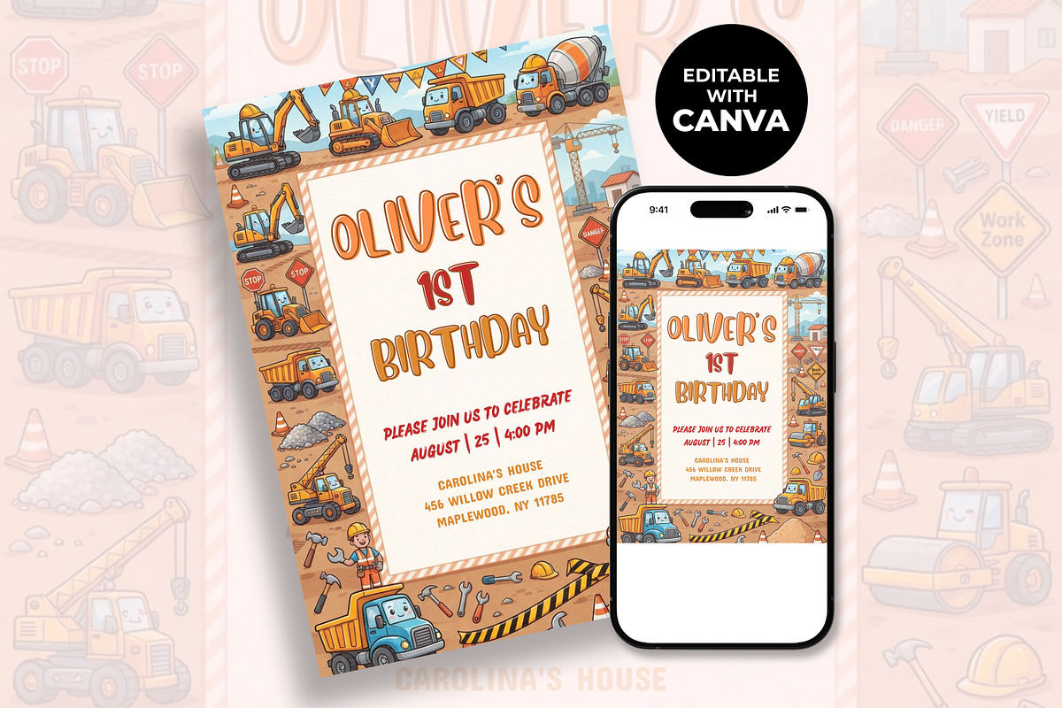 Construction 1st Birthday Invitation, an Invitation Template by M9 Design (Photo 2 of 4)