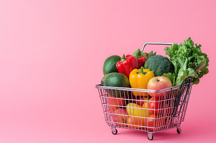 Shopping basket full of different grocery products on pink background, a Food & Drink Photo by AlyaAnd