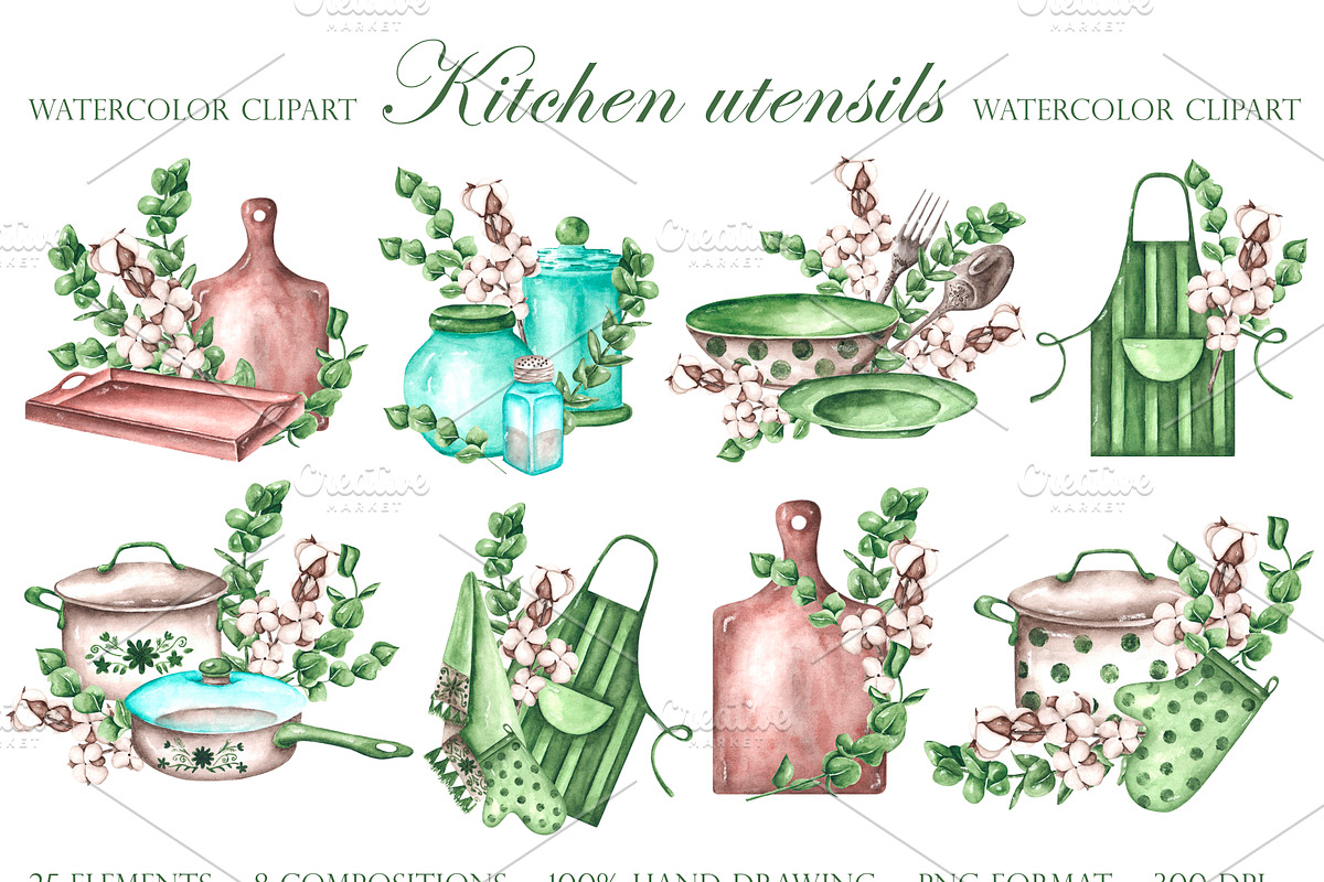 Kitchen watercolor set. Cookbook, an Illustration by SabinaWatercolorArt (Photo 3 of 16)