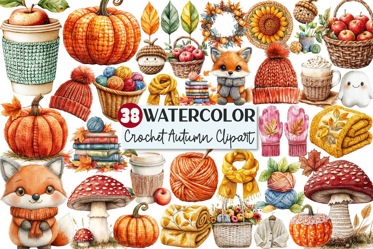 Watercolor Crochet Autumn Clipart, an Illustration by Rose Art (Photo 1 of 8)