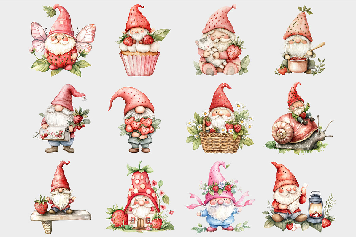Watercolor Strawberry Gnome clipart, a Seasonal Illustration by Design Market (Photo 4 of 4)