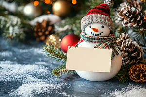 Snowman decoration with a blank sign, a Photo by Tanuart
