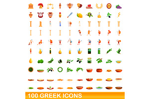 100 Greek Icons Set, Cartoon Style