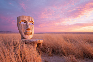 Wooden sculpture of a face sits in tall grass at sunset with vibrant pink and p, a Photo by AlyaAnd
