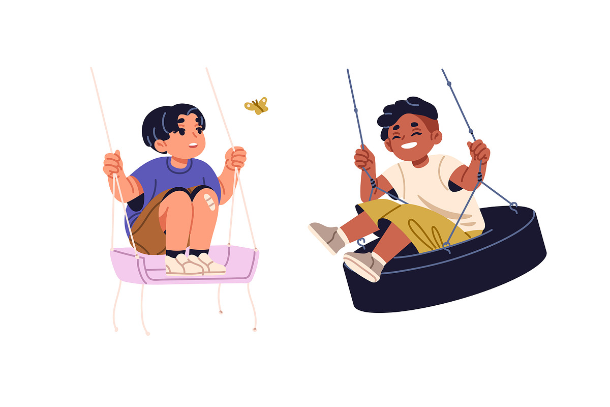 Happy kids swinging on rope swings, a Person Illustration by PaperTrident (Photo 3 of 5)