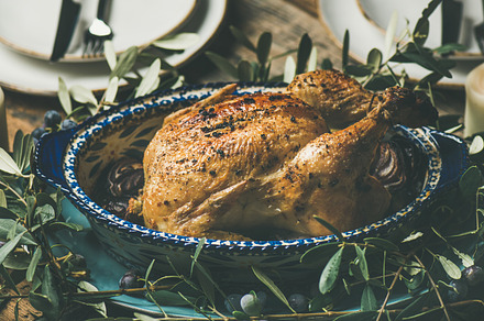 Whole roasted chicken decorated with stock photo containing chicken and, a Food & Drink Photo by Foxys