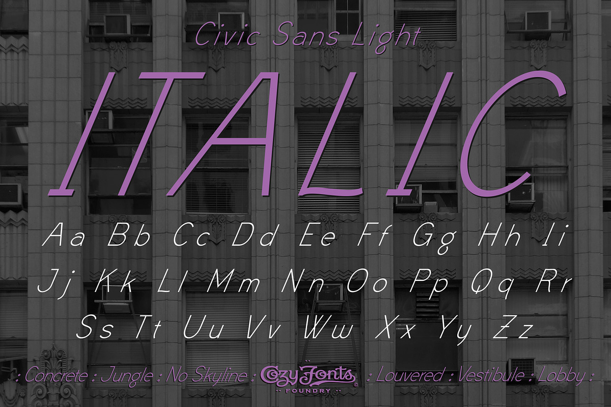 Civic Sans Light Italic, a Sans Serif Font by CozyFonts Foundry