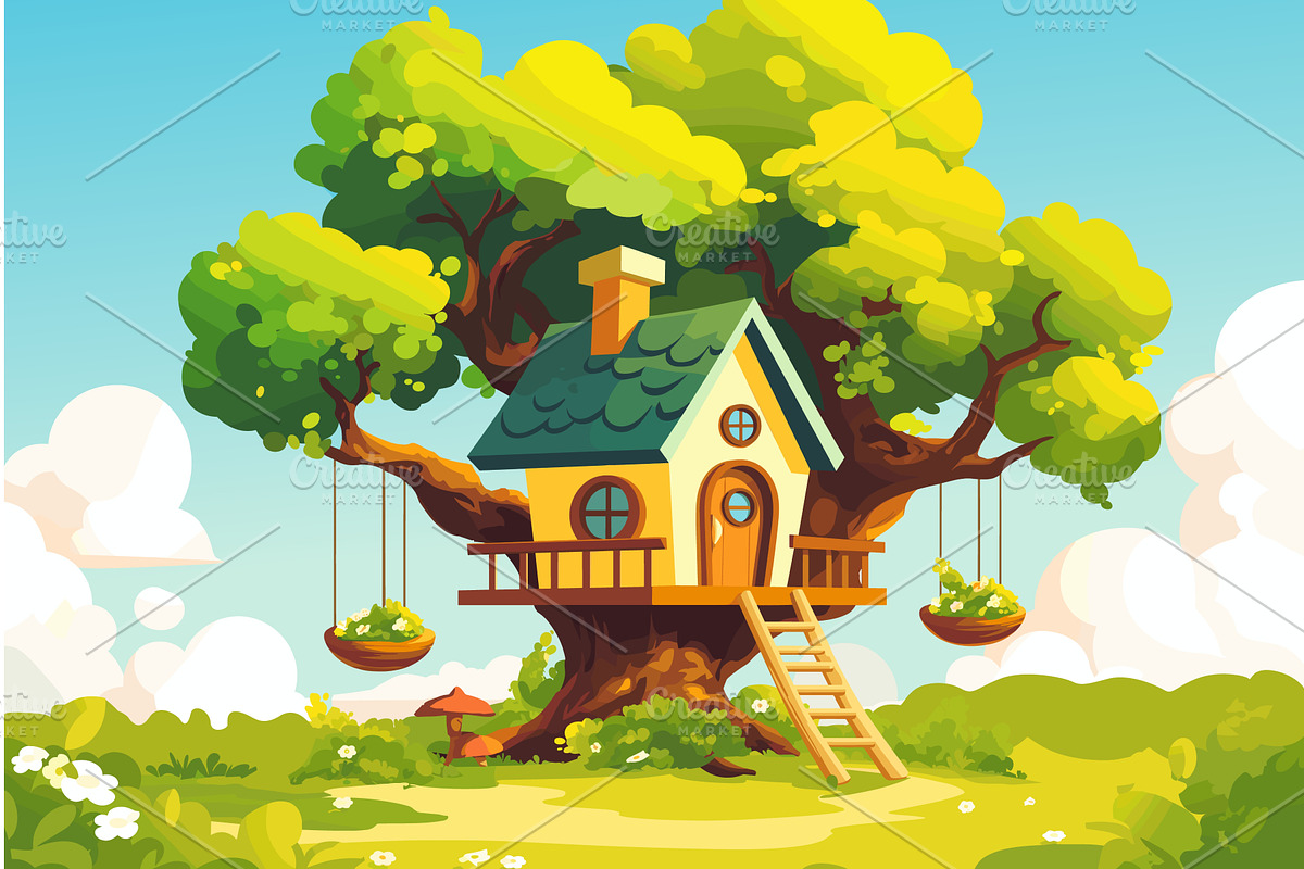 Cartoon tree house on lawn on summer, an Illustration by LadadikArt