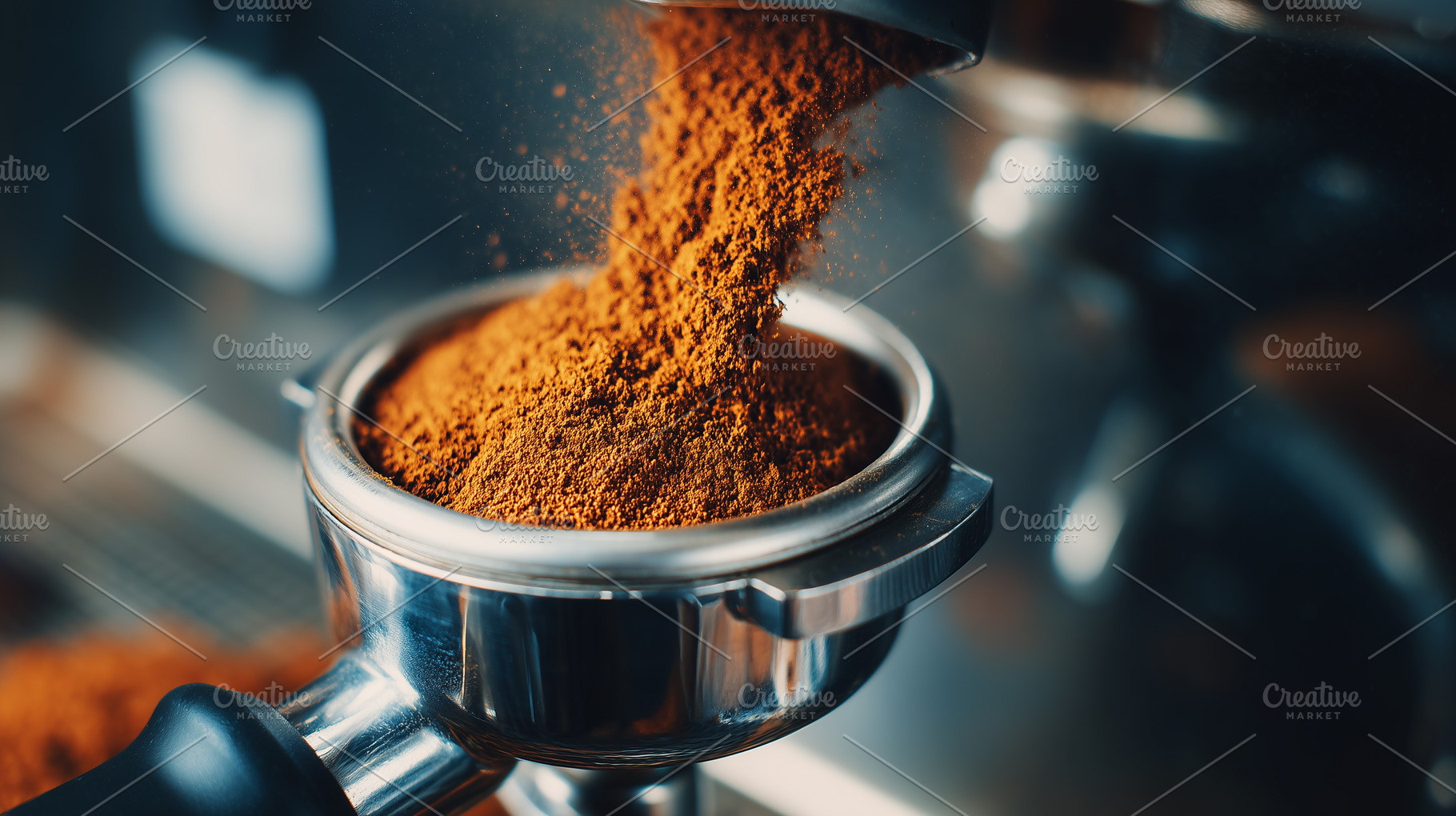 Freshly ground coffee pours into, a Food & Drink Photo by MistyDay
