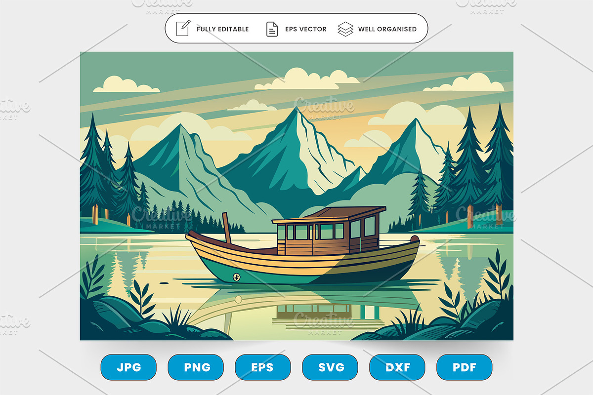 A boat sailing on water with mountai, a Graphic by SaroStock