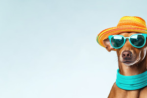 Sunny Canine Chic: A Dapper Dog In Striped Hat And Teal Sunglasses Pet Style. G