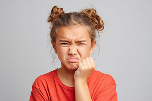 Young child making a disgusted face because of a toothache, a Person Photo by AlyaAnd