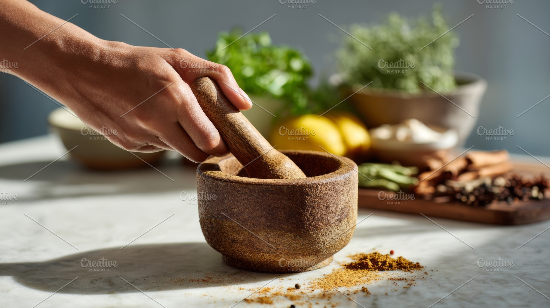 A hand grinding spices in a rustic mortar and pestle, surrounded by fresh herbs, a Business Photo by ImageMir