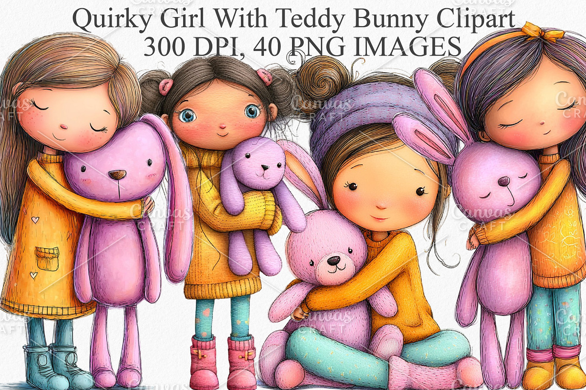Quirky Girl With Teddy Bunny Clipart, an Illustration by Canvas Craft (Photo 1 of 7)