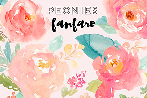 Peonies Fanfare- Watercolor Clip Art