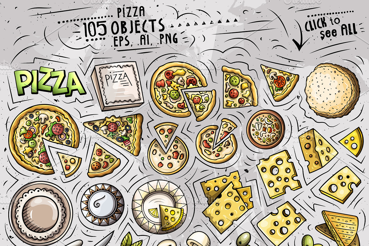Pizza Cartoon Vector Objects Set, an Object Graphic by BALABOLKA (Photo 2 of 4)