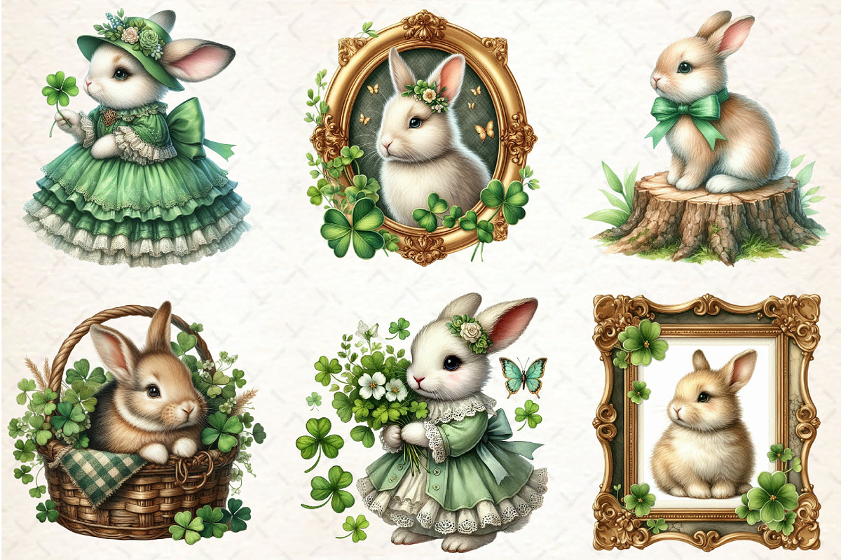 Vintage St Patrick's Day Bunnies, a Seasonal Illustration by Rose Art (Photo 2 of 4)