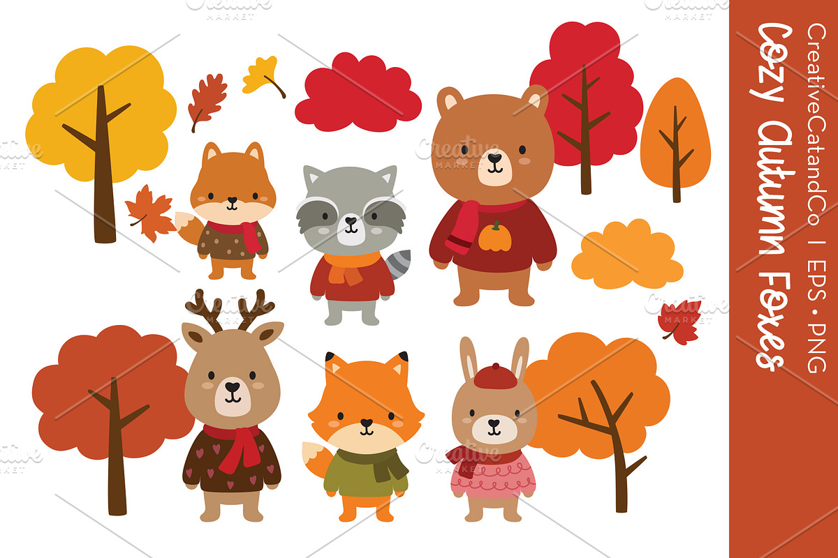 Autumn Fall Woodland Animals EPS PNG, an Animal Illustration by CreativeCatandCo (Photo 1 of 3)
