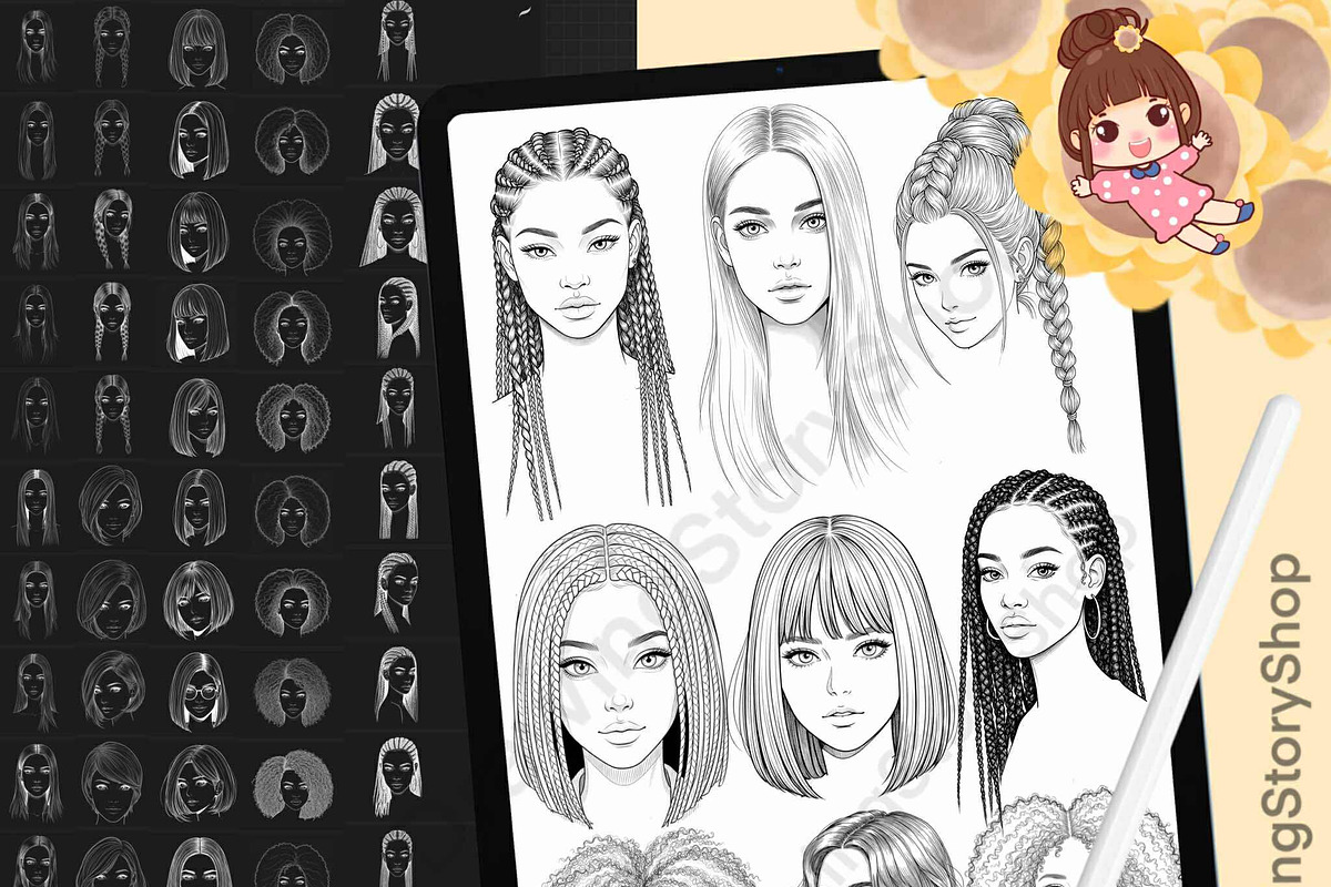 200 Procreate Woman Head Stamps, a Brush Add-On by DrawingStoryShop