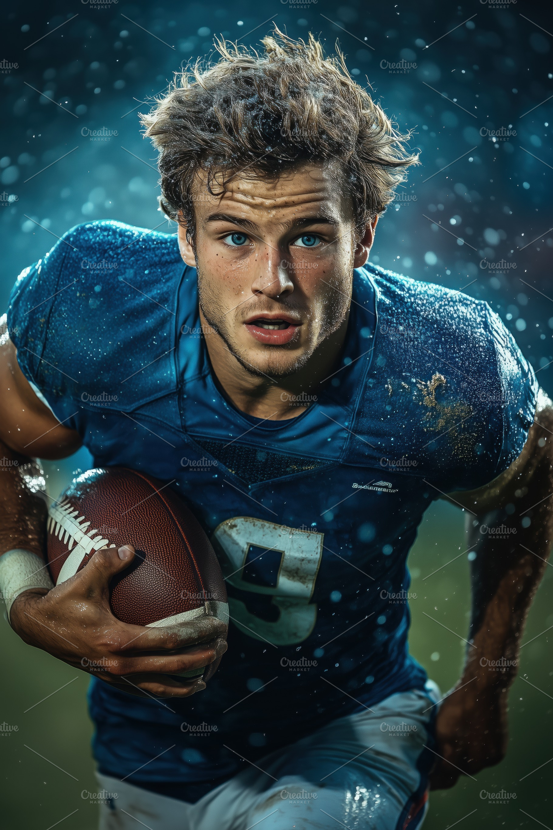 A young male football player in a blue jersey running with a football in the ra, a Person Photo by Textures & Backgrounds