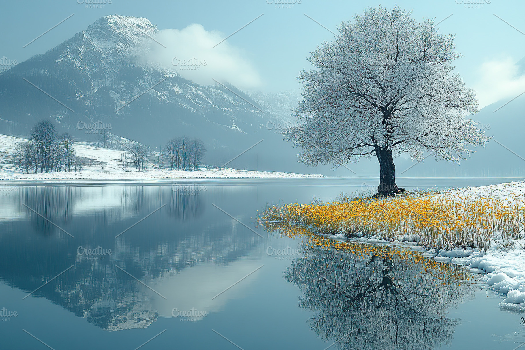 Winter landscape with snowy tree reflecting in calm lake, a Nature Photo by AlyaAnd