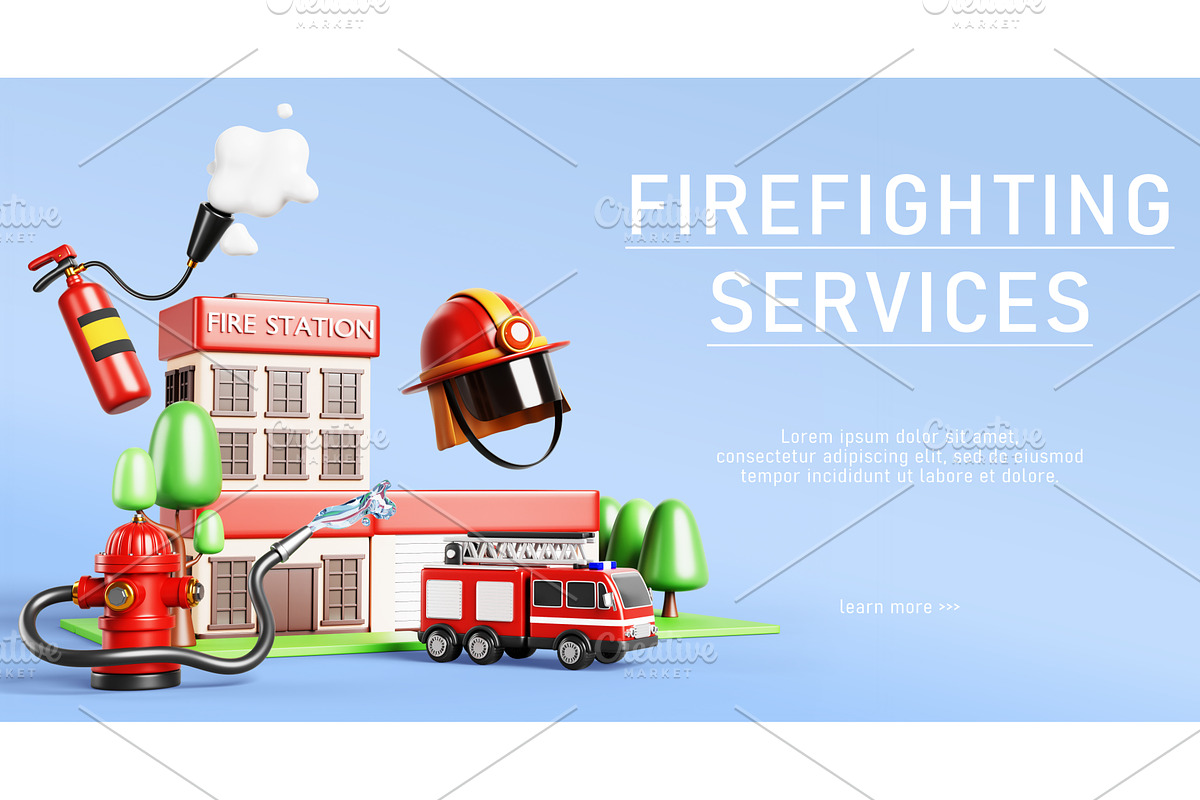 Firefighting services 3d banner with, a Cars & Vehicle 3D Model by Marozhkastudio