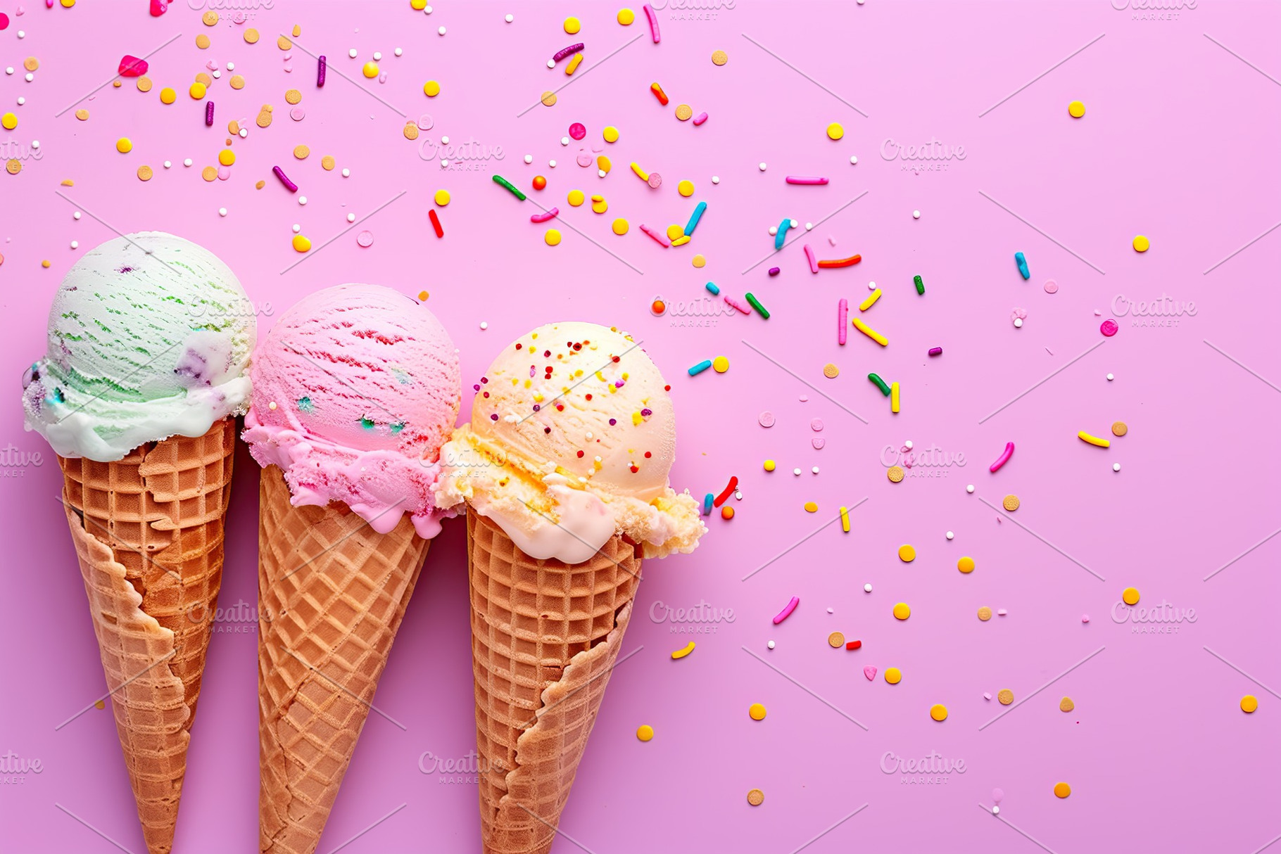 Colorful ice cream scoops with sprinkles in waffle cones on pink background, a Food & Drink Photo by AlyaAnd