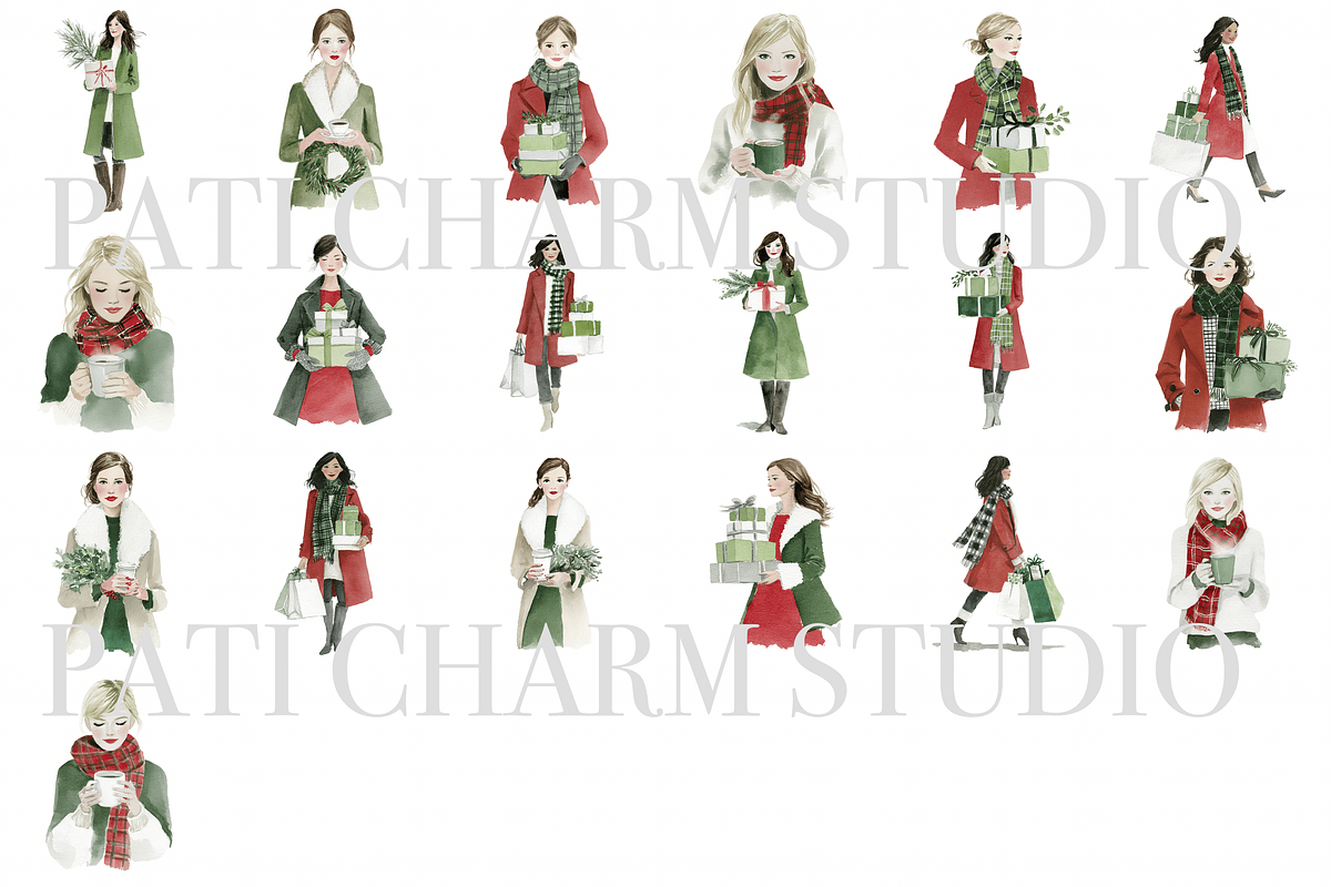 Christmas Woman Clipart Set, a Decorative Illustration by Pati Charm Studio (Photo 2 of 8)