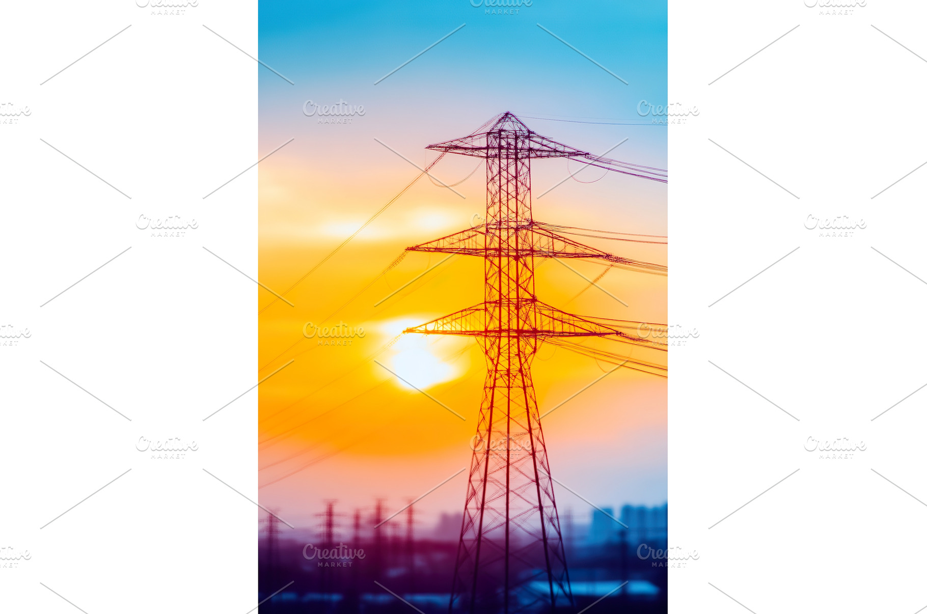 Electricity pylon at sunset with sky, an Industrial Photo by Lermont51