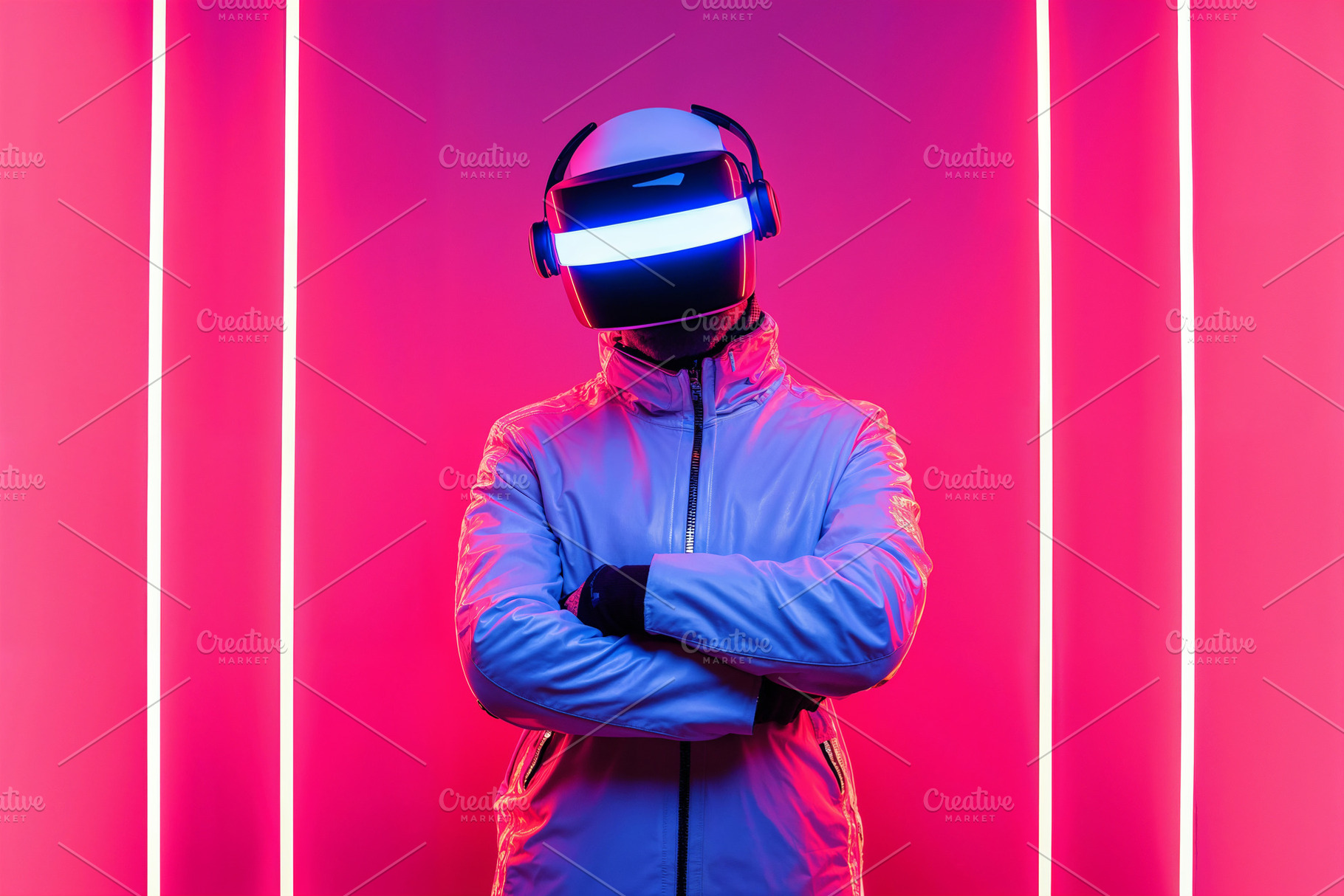 Futuristic VR experience in a neon-lit space, a Technology Photo by OSORIOartist