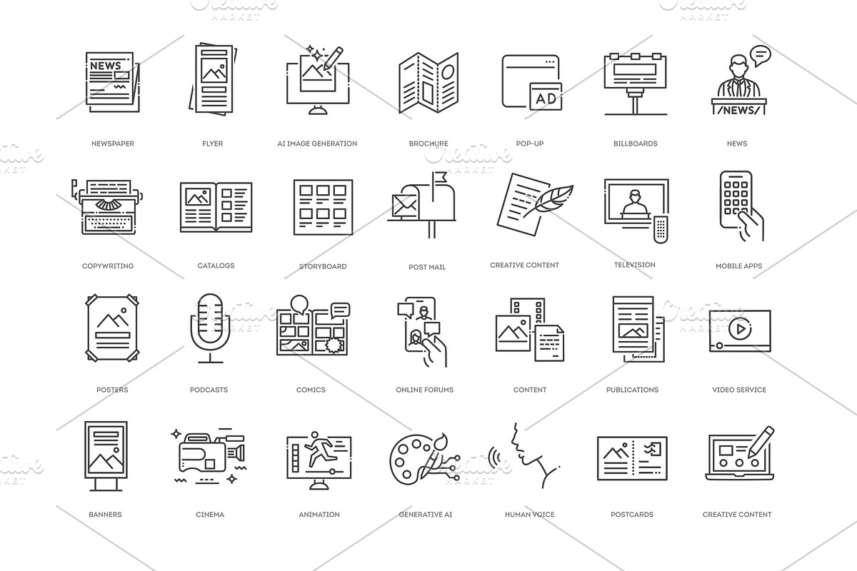 Mass Media and Digital Content icons, an Outline Icon by Tettygreen (Photo 2 of 2)