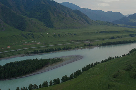 Katun river and mountains of Altai valley at sunset time, a Nature Photo by TravelFlow