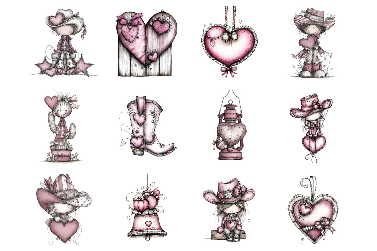 Whimsical Howdy Valentine's Clipart, an Illustration by Design Market (Photo 2 of 3)