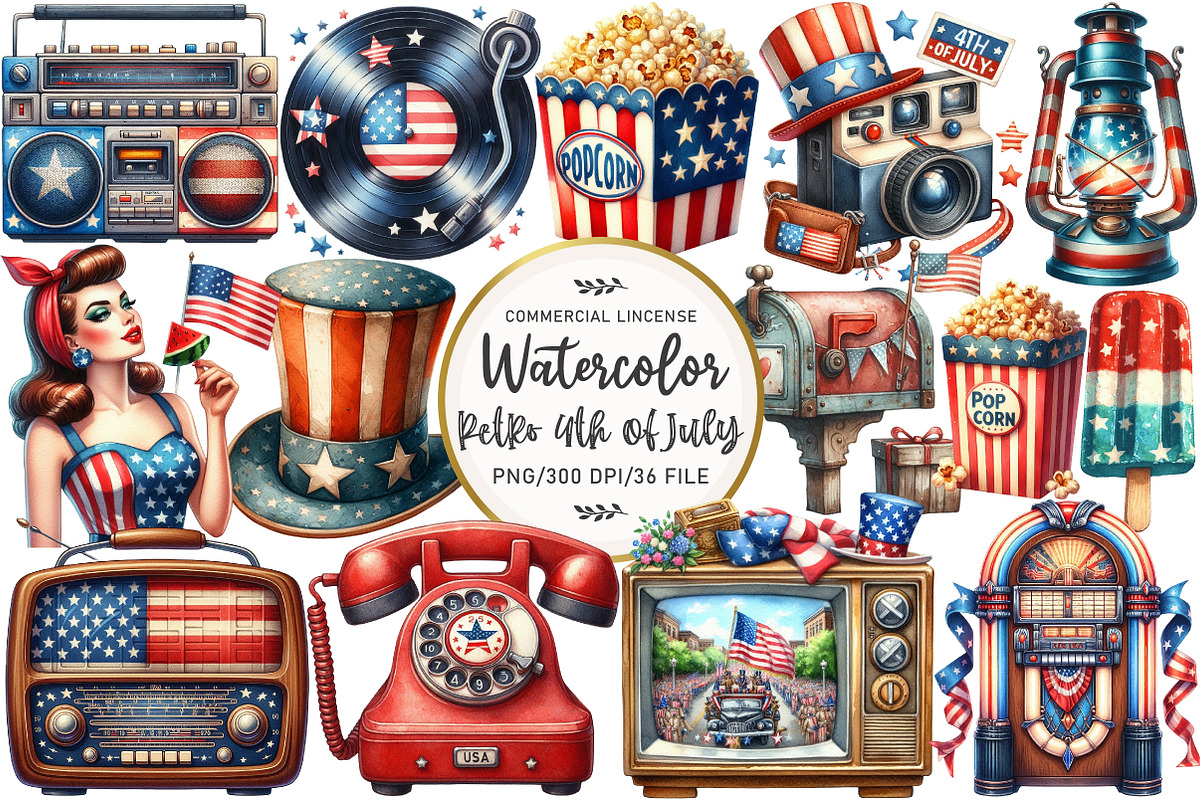 Vintage Retro 4th Of July Clipart, an Illustration by OK Design (Photo 1 of 5)