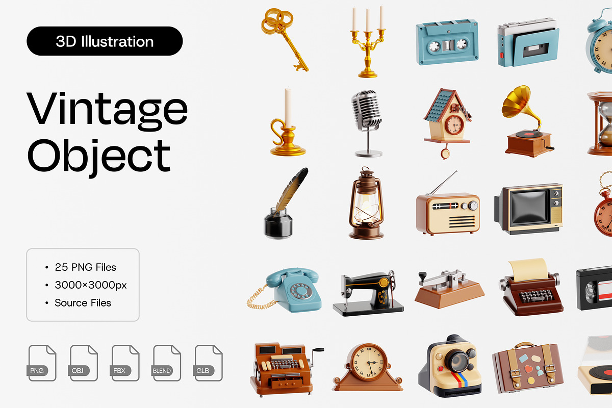 Vintage Object 3D Icon Set, a Furniture 3D Model by Eklip Studio (Photo 1 of 3)