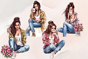 8 Watercolor Coffee Fashion Girl PNG, a Decorative Illustration by Jalina Clipart Studio (Thumbnail 3 of 7)