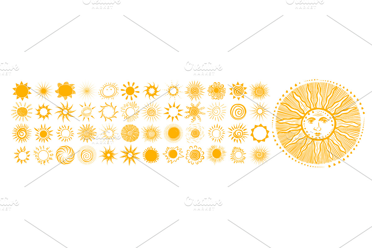 Large set of yellow suns. The sun, an Object Illustration by Nenahliadava Design