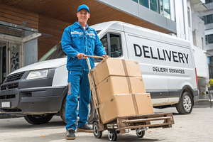 Delivery man smiling happy boxes van, a Photo by Pixeness Studio