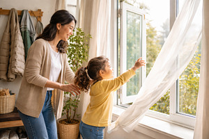 House airing with woman and child by open window in daylight, ho, a Photo by Dvoevnore photos