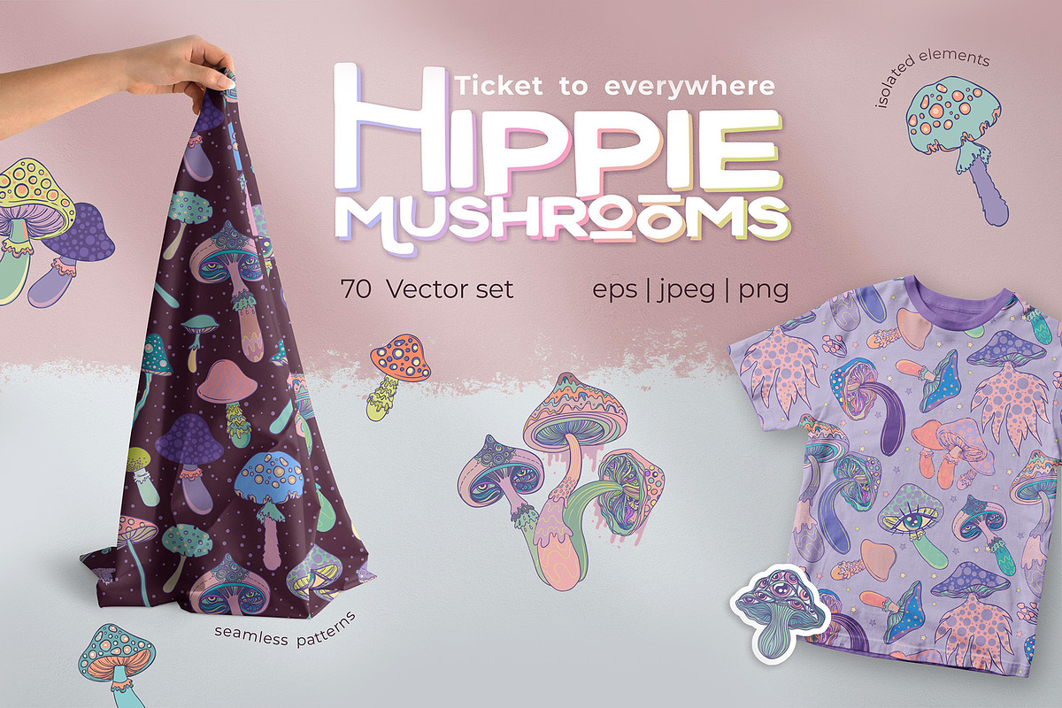 70 Hippie MUSHROOMS. Vector Set., a Pattern Graphic by Varvara Gorbash (Photo 1 of 10)