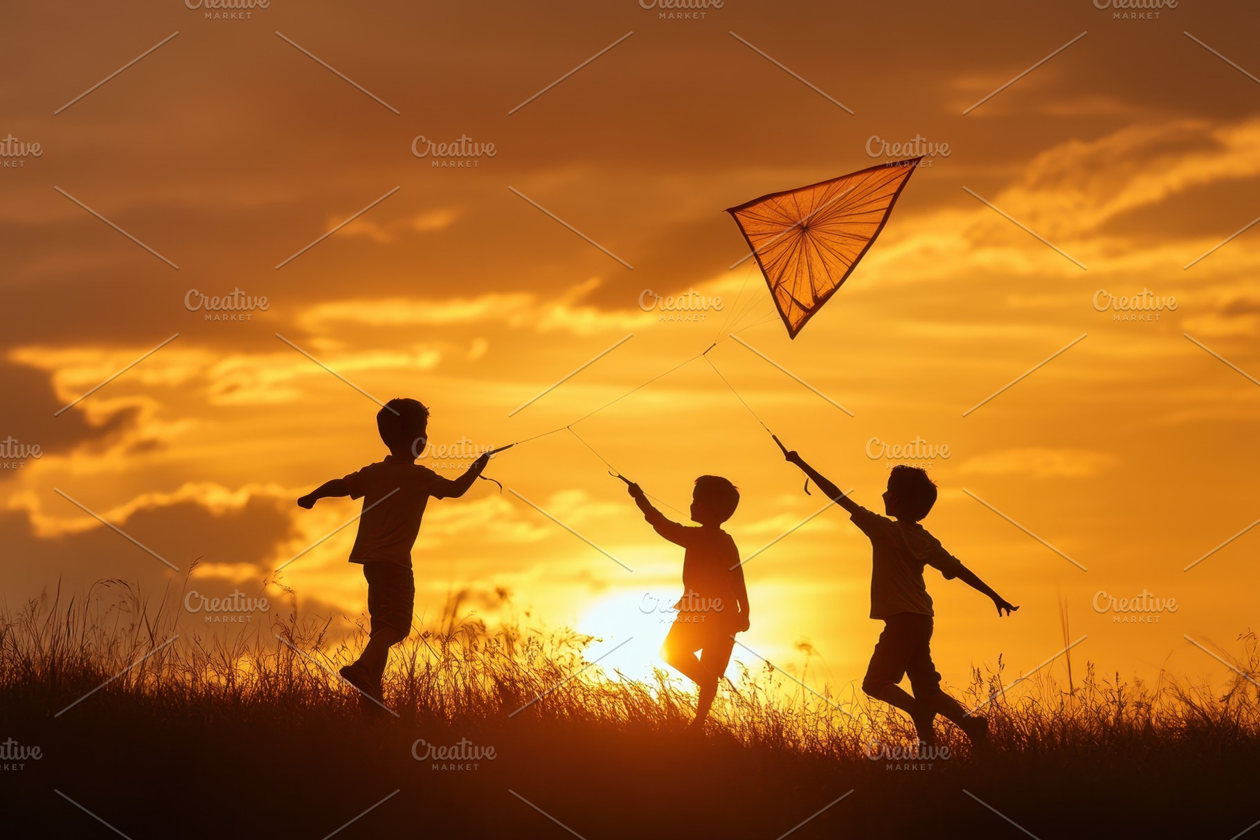Children flying kites against, a Photo by Pavel_design