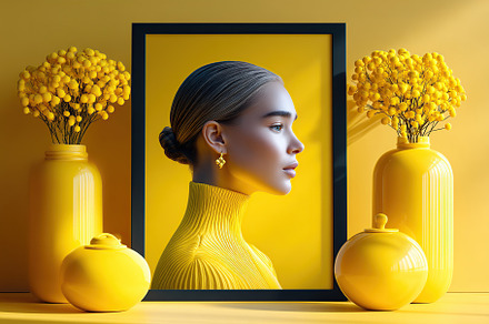 Bright yellow composition featuring a woman in profile with striking accessorie, a Technology Photo by AlyaAnd