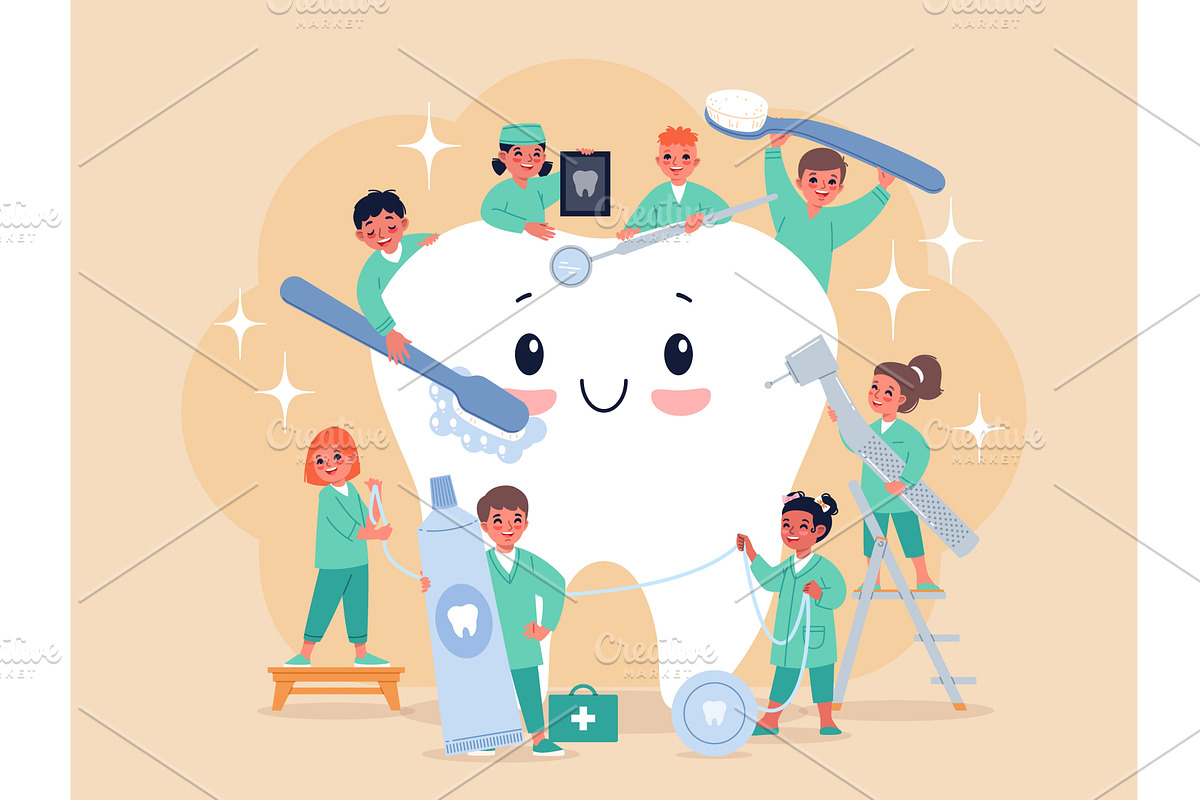 Dentists around tooth. Doctors kids, a Person Illustration by YummyBuum