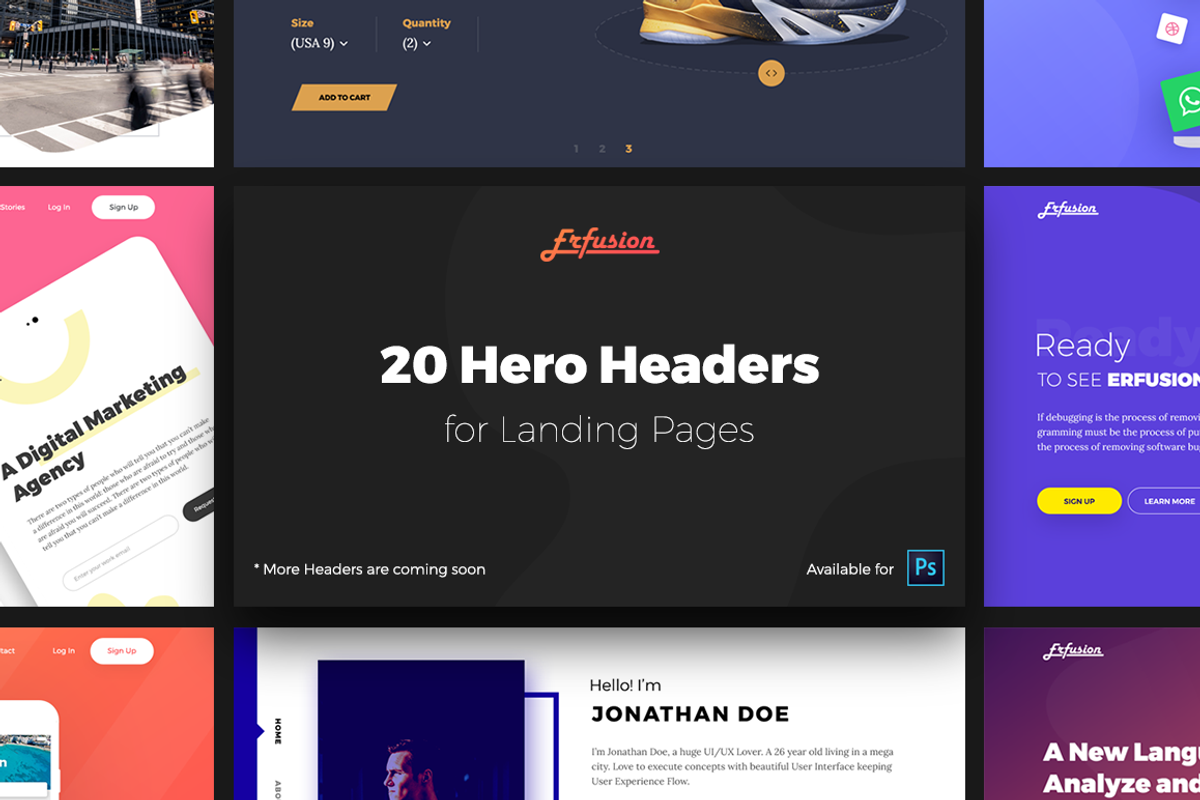 Erfusion - 20 Hero Headers (70% OFF), an UI Kit Template by Pentaclay (Photo 1 of 6)