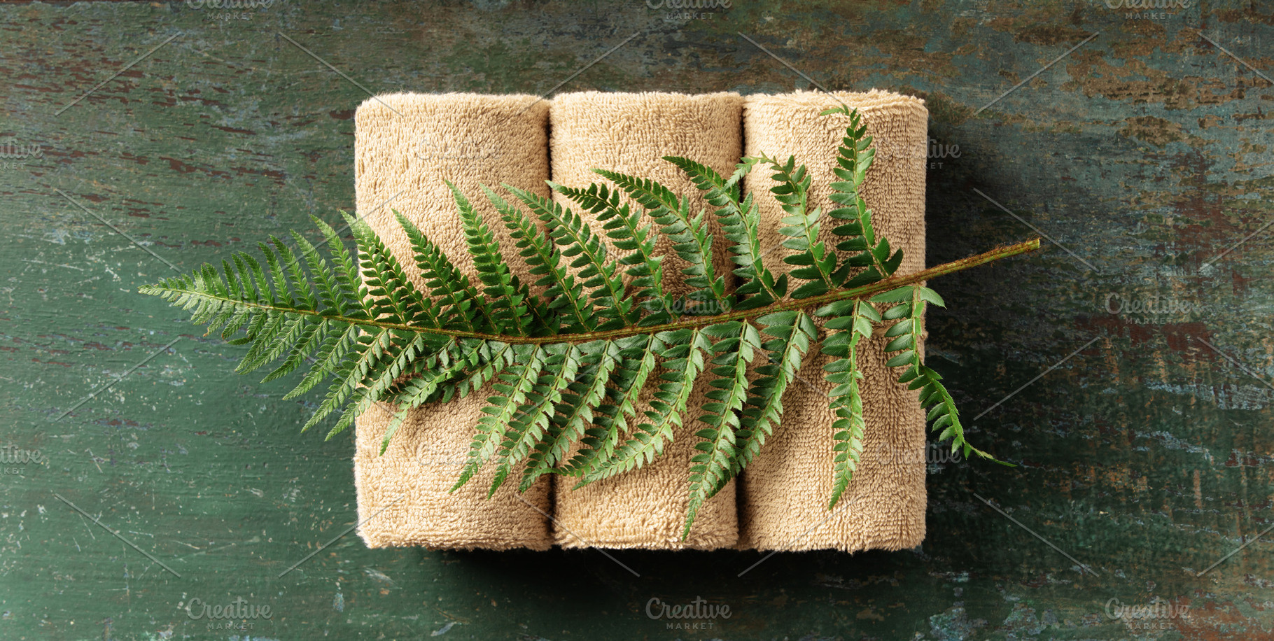 Natural Spa Towels with Green Fern Leaf on Rustic Wooden Backgro, a Food & Drink Photo by Natalia Klenova's Shop